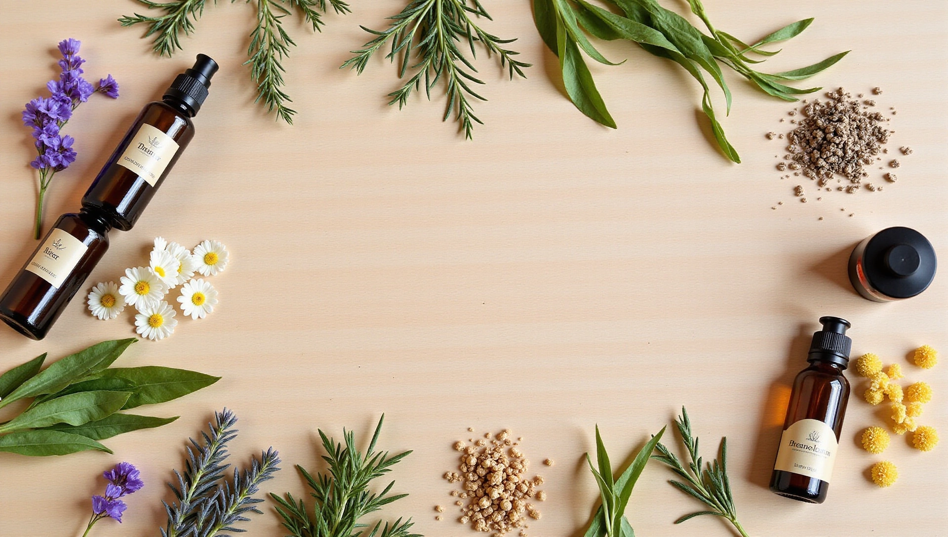 Natural botanical herbs and ingredients representing Skynthera wellness products